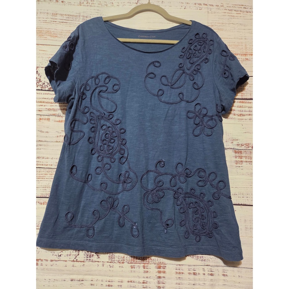 Coldwater Creek Blue Cotton Slub Soutache Embroidered Short Sleeve Top Large